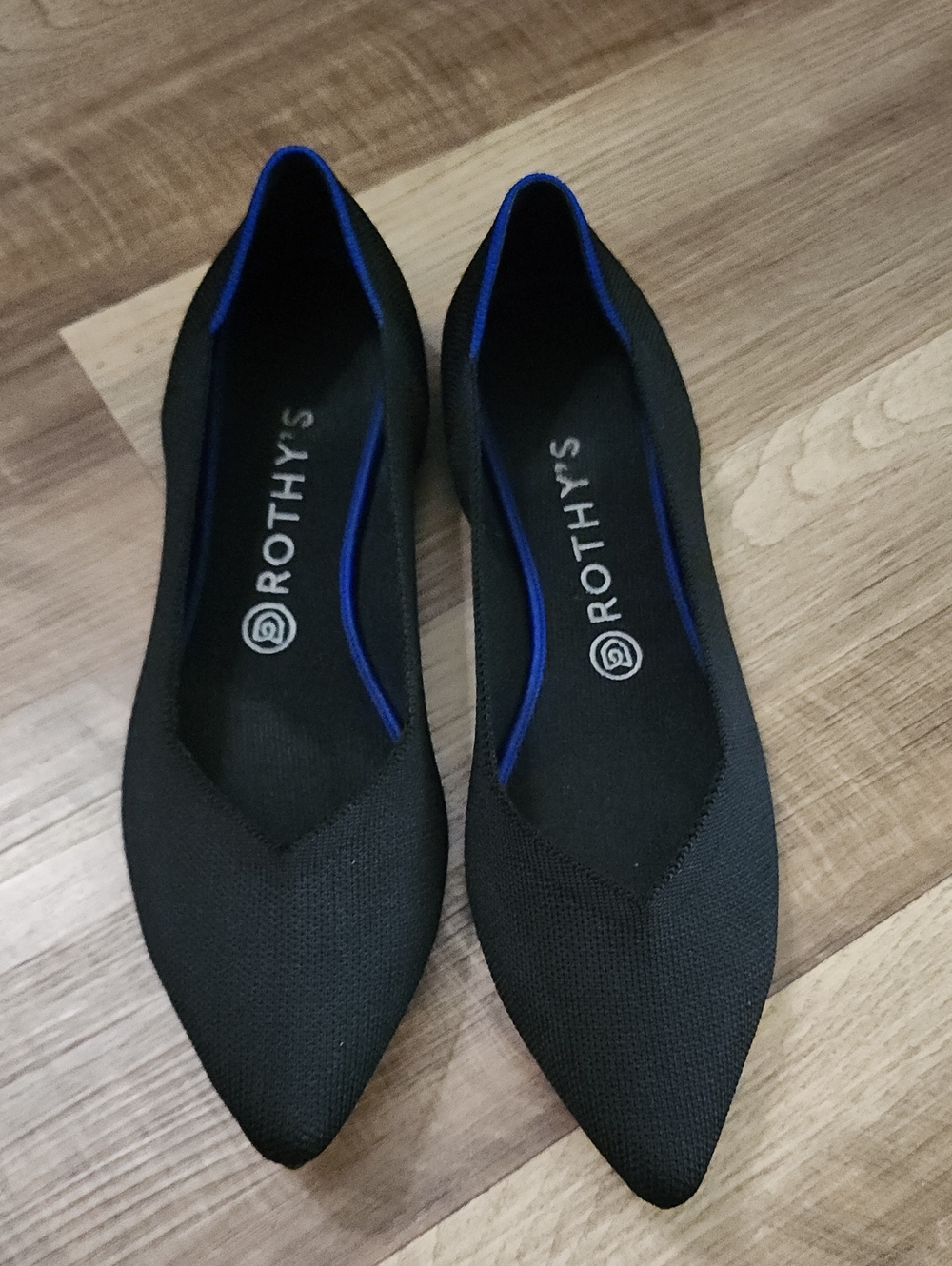 Rothy's Black Pointed Knit Flats with Blue Trim